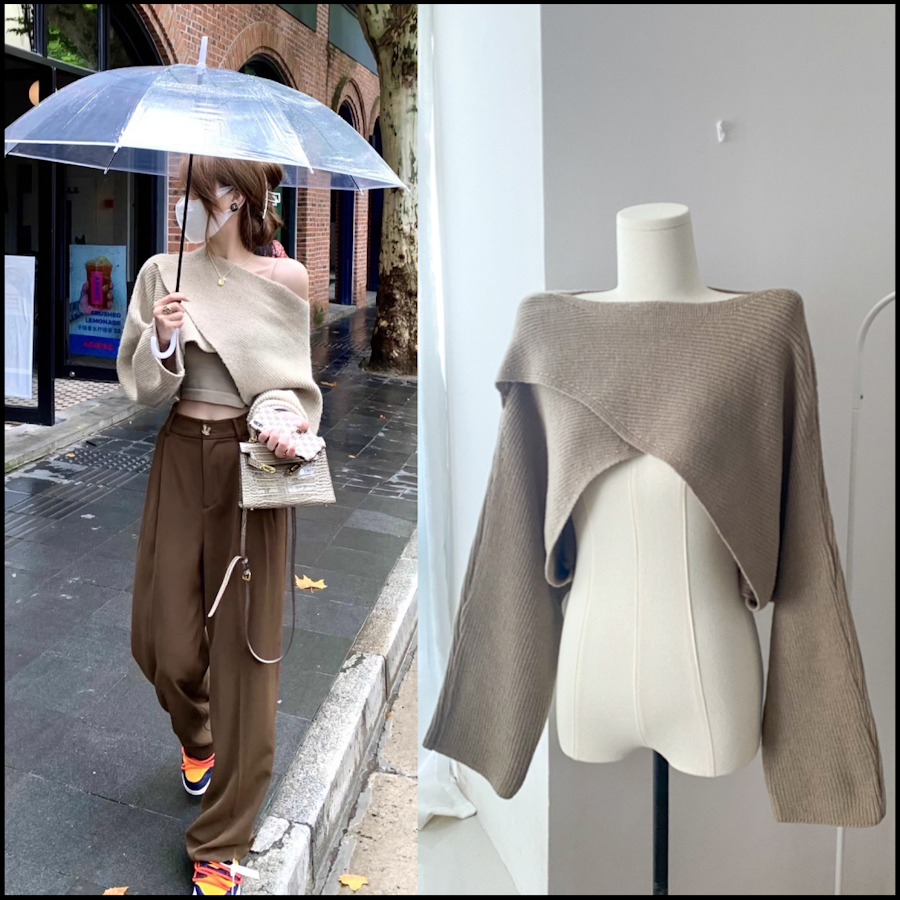 Summer home short knitted sweater loose and lazy wind gentle top pullover spring and autumn off-the-shoulder sweater women's design is small