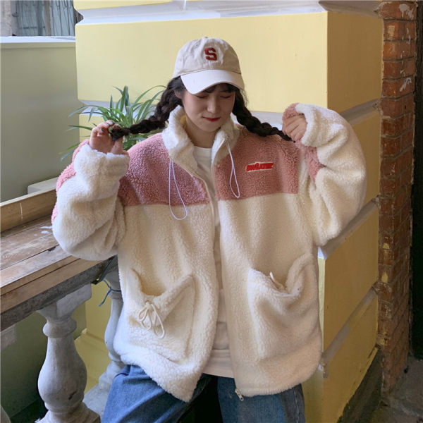 Lamb velvet jacket women's 2022 autumn and winter new Hong Kong-style student pullover color matching casual loose and thin long-sleeved coat