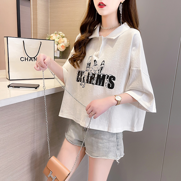 Real shooting of summer clothes ~ New Korean loose large women's clothes fat mmpolo collar cartoon short sleeve T-shirt pure cotton