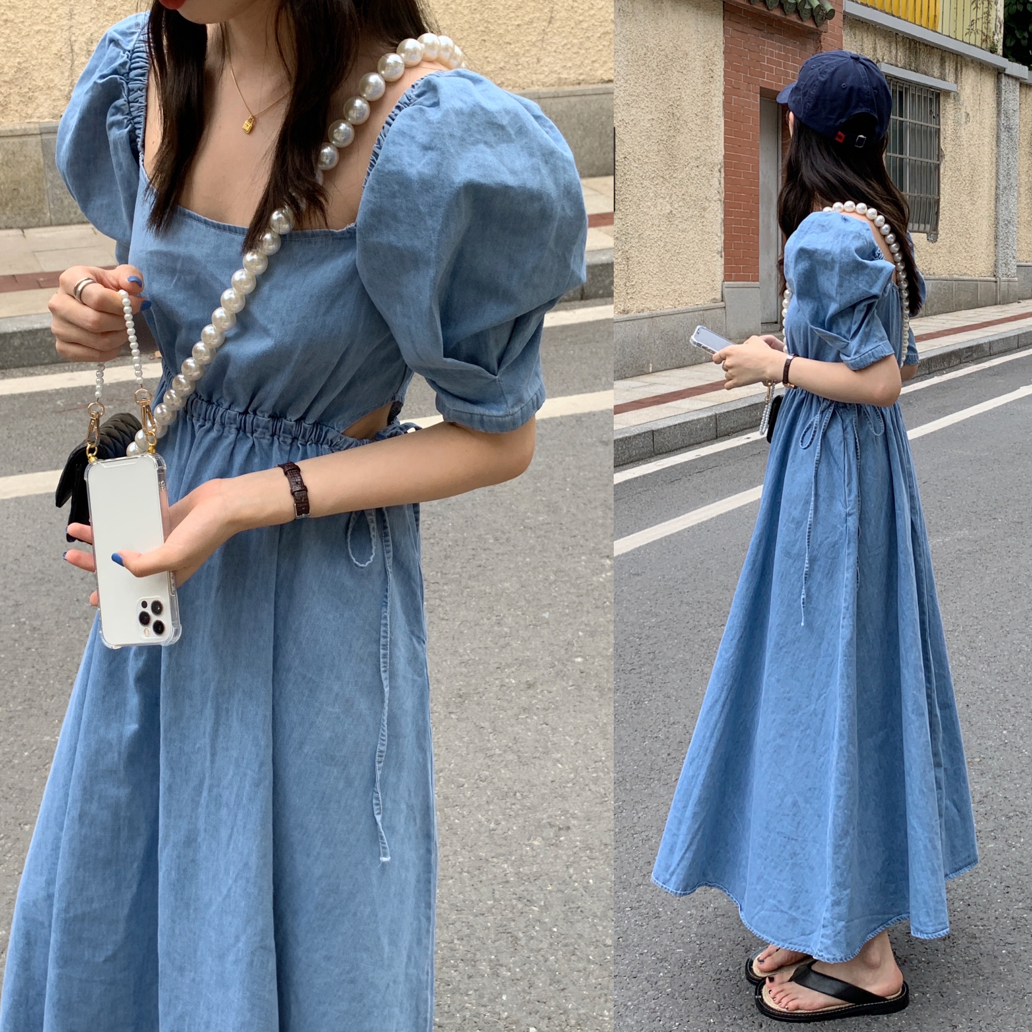 Real Shot Summer Washed Denim Retro Puff Sleeves Drawstring Waist Arm Long Dress