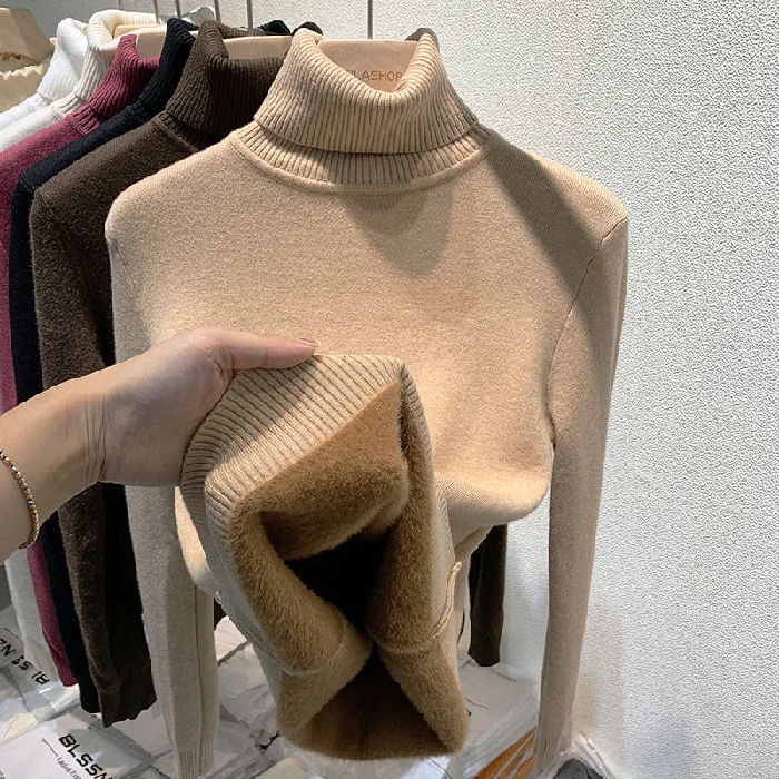 One-piece fleece sweater women's autumn and winter plus velvet thickened high-necked pullover 2022 new sweater women's knitted bottoming shirt