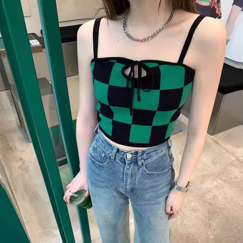 Chessboard short overlapping knitted vest women's summer Korean version slim tight bottomed knitted suspender top