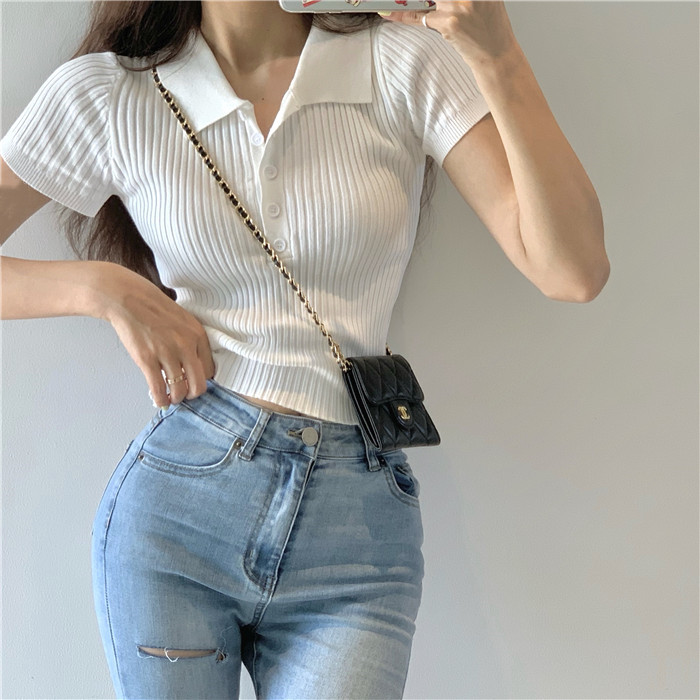 2022 summer net red slim short top Korean retro small Lapel short sleeve knitted T-shirt women