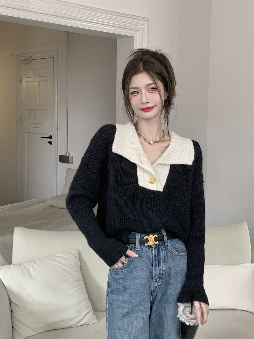 2022 Contrasting Color Lazy Sweater Women's 2022 New Autumn and Winter Knitwear Niche Advanced Sense Loose Top