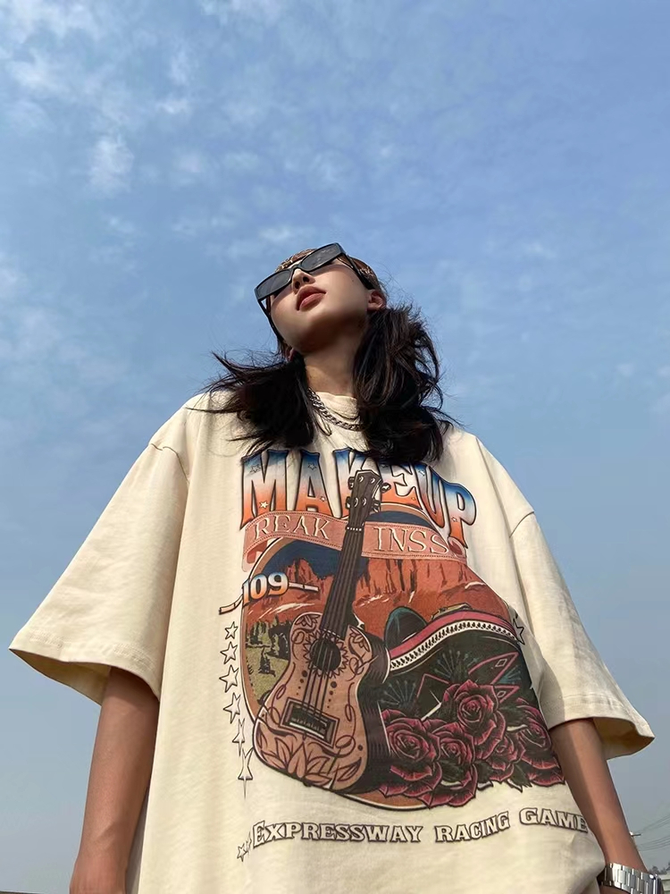 Official figure - Summer Korean loose cotton collar printed top large women's T-shirt women