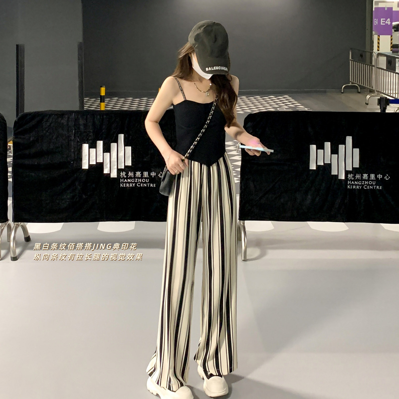 Black and white striped straight casual pants for women summer 2023 new high waisted slimming loose wide leg pants