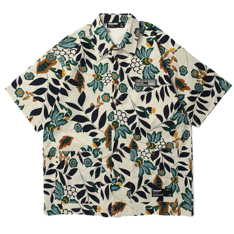 Guochao retro floral allover short sleeve shirt women Street hip hop loose casual Hawaiian Shirt