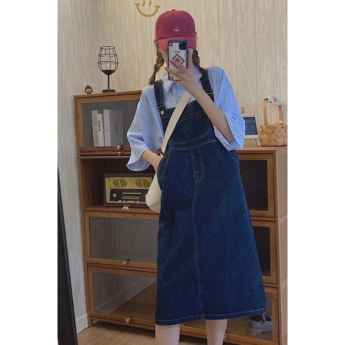Retro dark blue denim suspender skirt women's Korean version age reduction college style loose and thin versatile dress