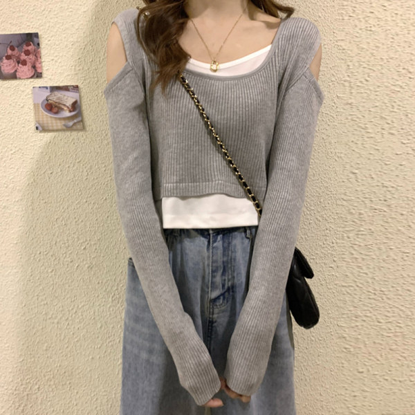 Fake two long sleeve T-shirts women's autumn new chic port style design sense of minority slim student short top