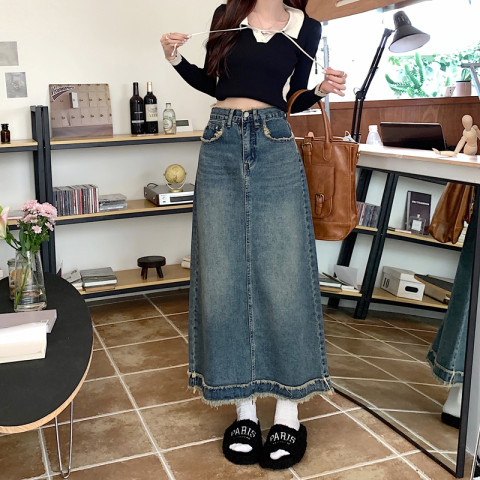 Personalized street design waistband hem raw edge denim skirt high waist mid-length skirt