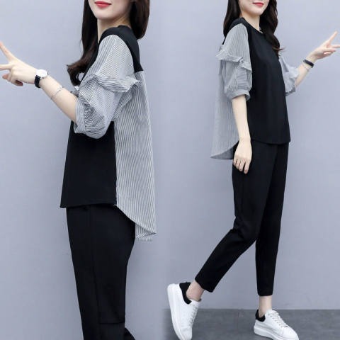 Large size suit women's clothing 2023 summer new style fat sister casual loose slim belly cover striped two-piece suit