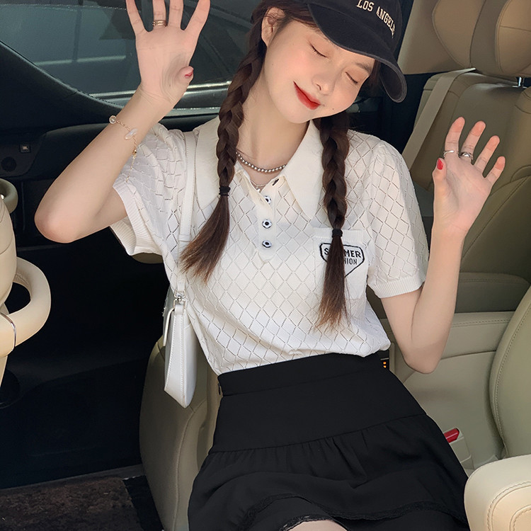 Fan Zhiqiao college style Polo neck knitted T-shirt women's summer bubble sleeve chic Korean style hollow out embroidery short sleeve top