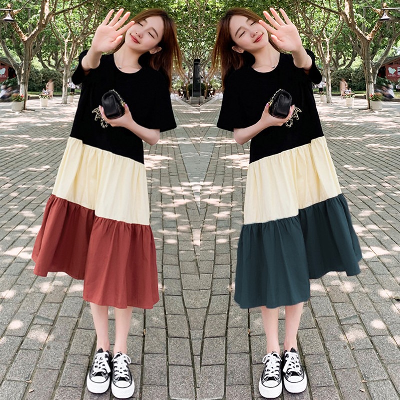 Korean T-shirt dress stitching contrast color female student loose large fashionable foreign style medium long over Knee Skirt summer