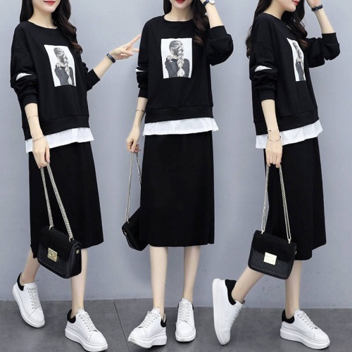 Plush / non plush cotton fall / winter 2020 large women's dress fat mm loose and thin two piece casual Skirt Set Fashion