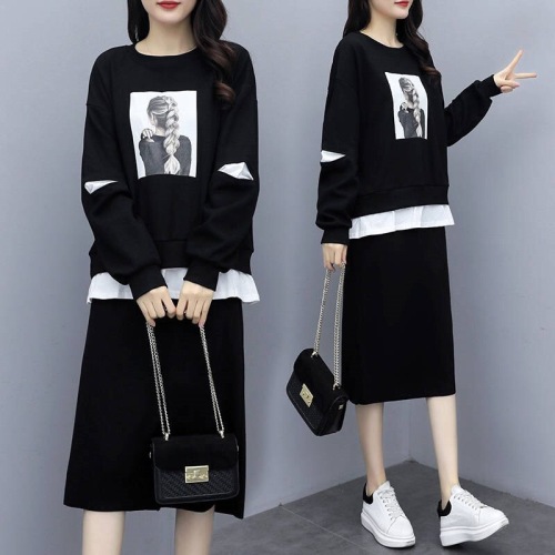 Plush / non plush cotton fall / winter 2020 large women's dress fat mm loose and thin two piece casual Skirt Set Fashion