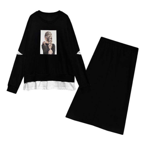 Plush / non plush cotton fall / winter 2020 large women's dress fat mm loose and thin two piece casual Skirt Set Fashion