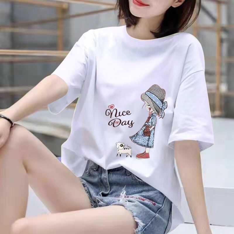 100% cotton one piece two piece pure cotton large short sleeve t-shirt female students summer wear Korean version fat mm loose top women fashion