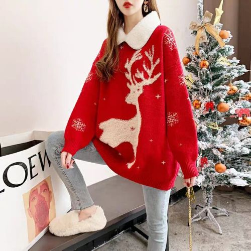 Christmas Sweater loose Korean autumn winter 2020 new lazy wind red elk versatile coat top 6299