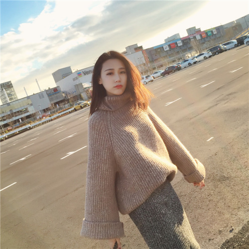 Korean trumpet, wide sleeve, slip on, loose and thin sweater, women's thick wool, medium length and high neck thickening