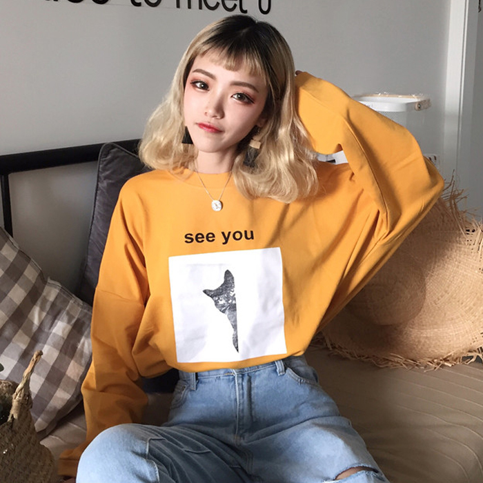 Autumn new style yuansufeng printed long sleeve T-shirt for female students Cat cartoon loose bottoming blouse for female