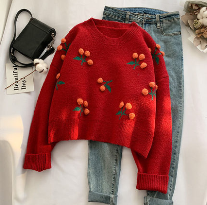 Cherry cheriz red sweater women's autumn winter Korean version loose wear foreign style 2020 new Pullover Top