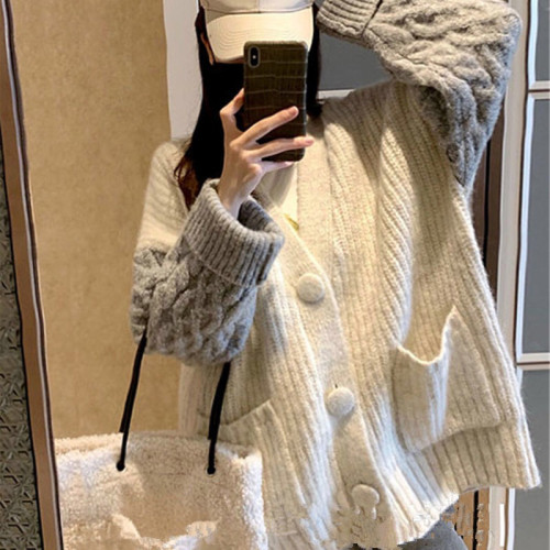 2020 autumn winter twist loose lazy college style knitted cardigan coarse wool Korean medium long sweater women's coat