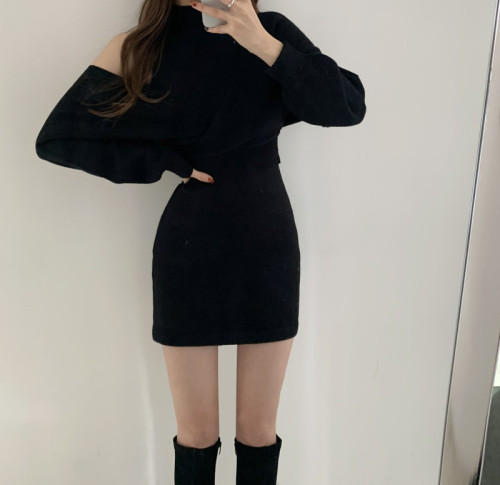 French style retro Princess playful suit small fragrance knitted off shoulder hip sweater dress two piece set