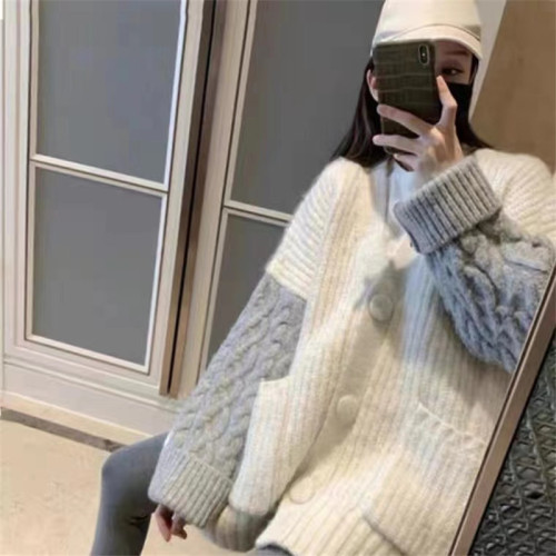 2020 autumn winter twist loose lazy college style knitted cardigan coarse wool Korean medium long sweater women's coat