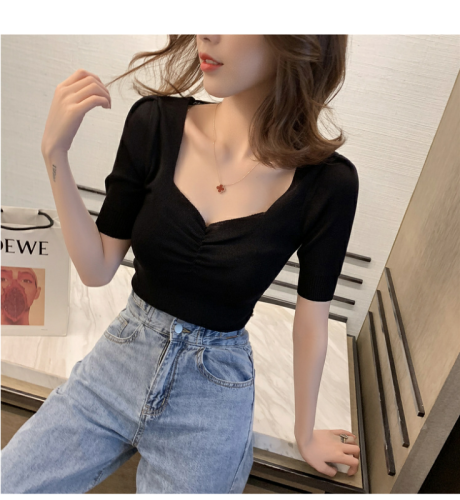 2020 summer new Korean design sense square collar pleated short sleeve T-shirt for women chic thin and careful machine top