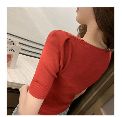 2020 summer new Korean design sense square collar pleated short sleeve T-shirt for women chic thin and careful machine top