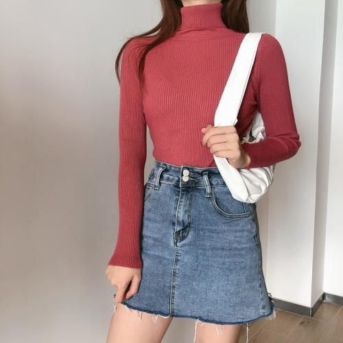 Real shot autumn dress new style all-in-one solid color slim fit look slim Pullover high neck warm long sleeve knitted sweater women's wear