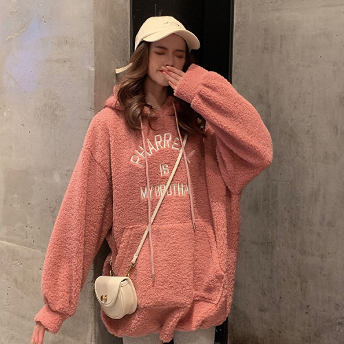 CEC long sleeve Pullover Hooded Sweater for female students Korean version loose homestay BF lambs thick coat ins fashion