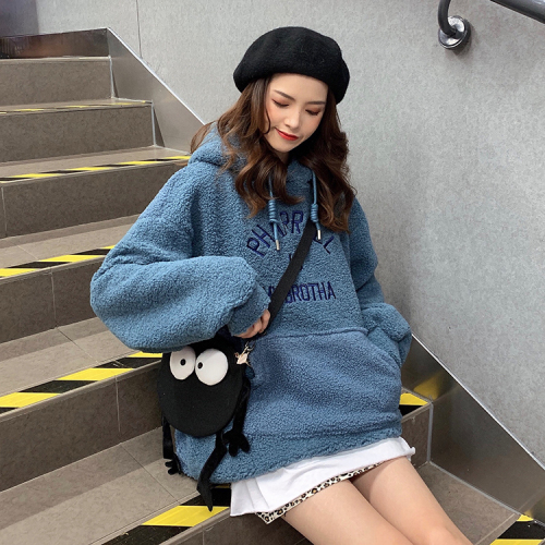 CEC long sleeve Pullover Hooded Sweater for female students Korean version loose homestay BF lambs thick coat ins fashion