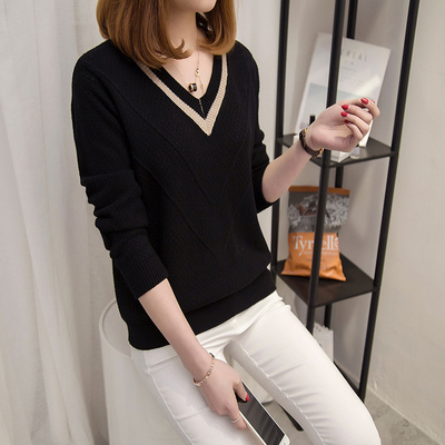 T-shirt women's Pullover short Korean version loose autumn 2020 new long sleeve women's V-neck small fresh sweater