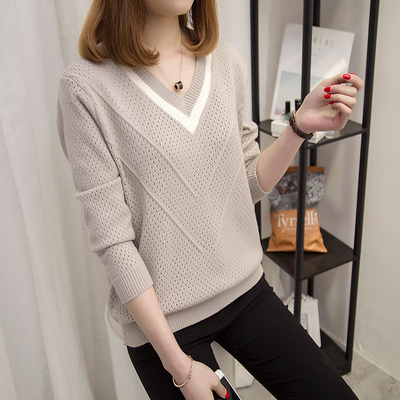 T-shirt women's Pullover short Korean version loose autumn 2020 new long sleeve women's V-neck small fresh sweater