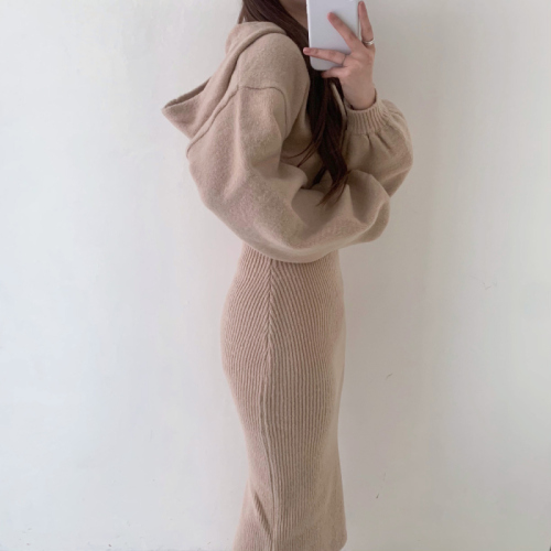Grey waist pack hip hooded knitted skirt