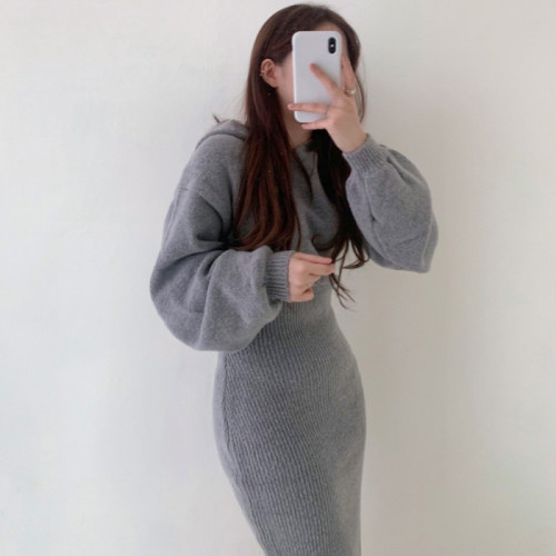 Grey waist pack hip hooded knitted skirt