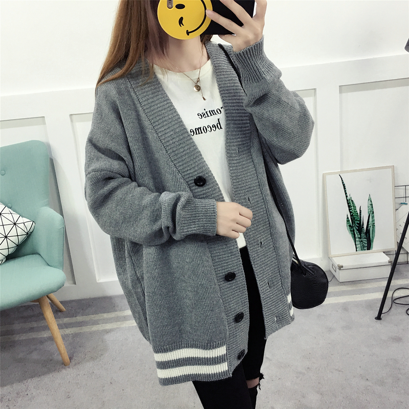 Real time sweater cardigan autumn winter loose Korean student knitting mid long 2019 new color matching coat fashion