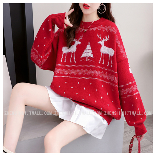 Autumn / winter 2020 new Christmas style lazy round neck fawn jacquard T-shirt long sleeve top women fashion