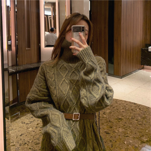 Autumn and winter lazy wind twist cocoon Pullover Sweater for women to wear medium and long high neck thickened knitted jacket