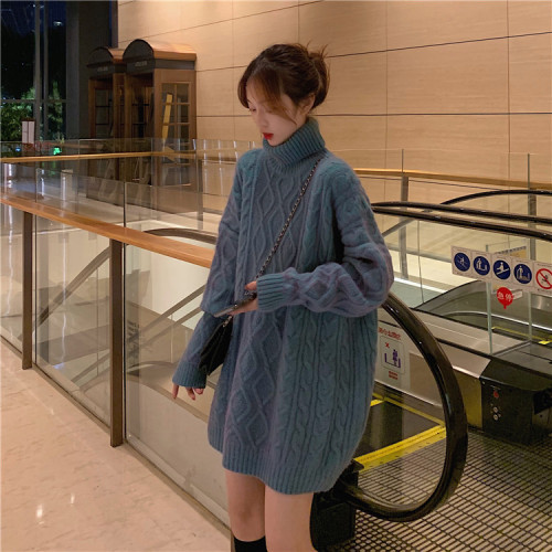 Autumn and winter lazy wind twist cocoon Pullover Sweater for women to wear medium and long high neck thickened knitted jacket
