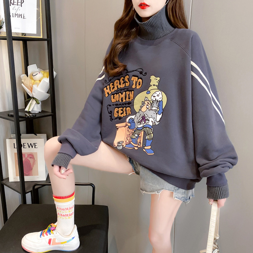 Real time cartoon printed stitching sweater high neck loose Korean winter Plush Pullover Sweater women fashion