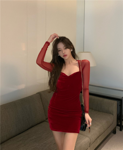 Real shot real price temperament chaebol backing versatile Velvet Lace Sexy Dress