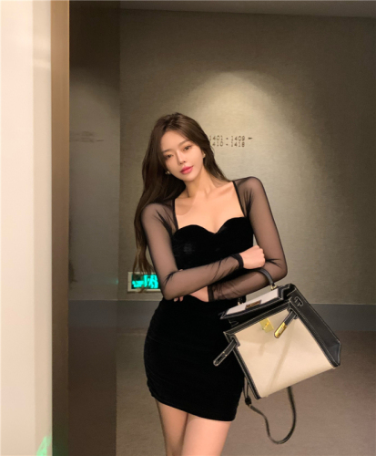 Real shot real price temperament chaebol backing versatile Velvet Lace Sexy Dress