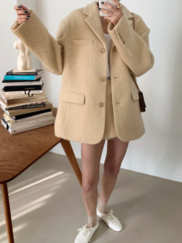 Korean chic fashion suit loose woolen coat + trouser skirt