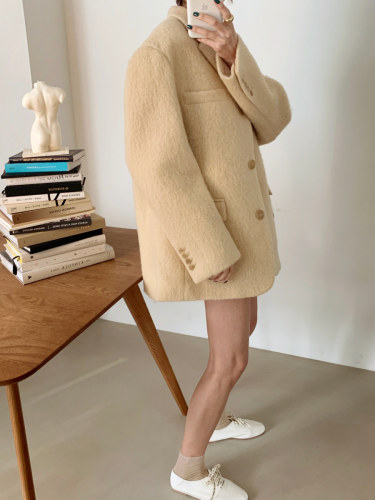 Korean chic fashion suit loose woolen coat + trouser skirt
