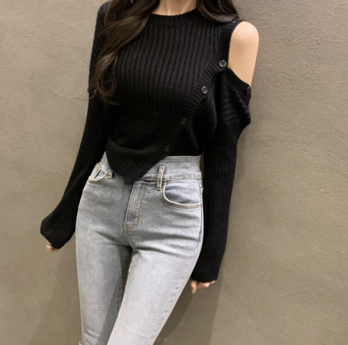 Lazy small sexy button off shoulder long sleeve knitted sweater