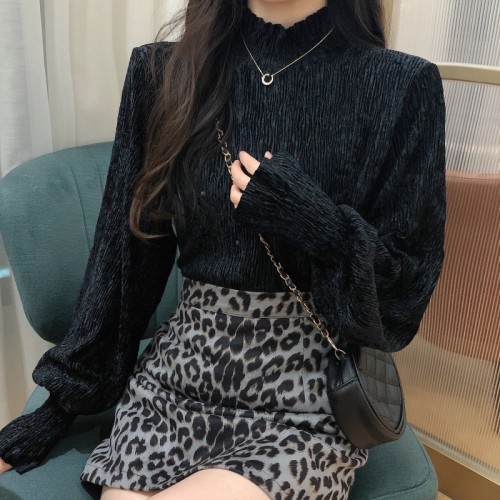 Design sense bubble sleeve high neck warm velvet bottoming sweater for women