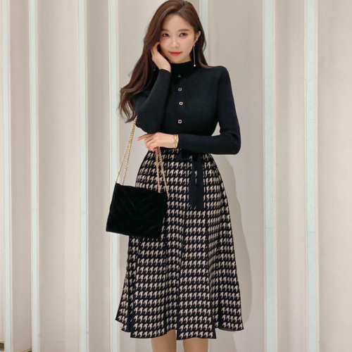 French gentle style breast high collar stitching waist closing thousand bird check knitted dress for women with coat black wool dress