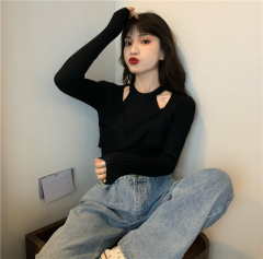 實拍實價交叉V領毛衣性感掛脖背心+毛衣保暖設計感小眾打底衫上衣